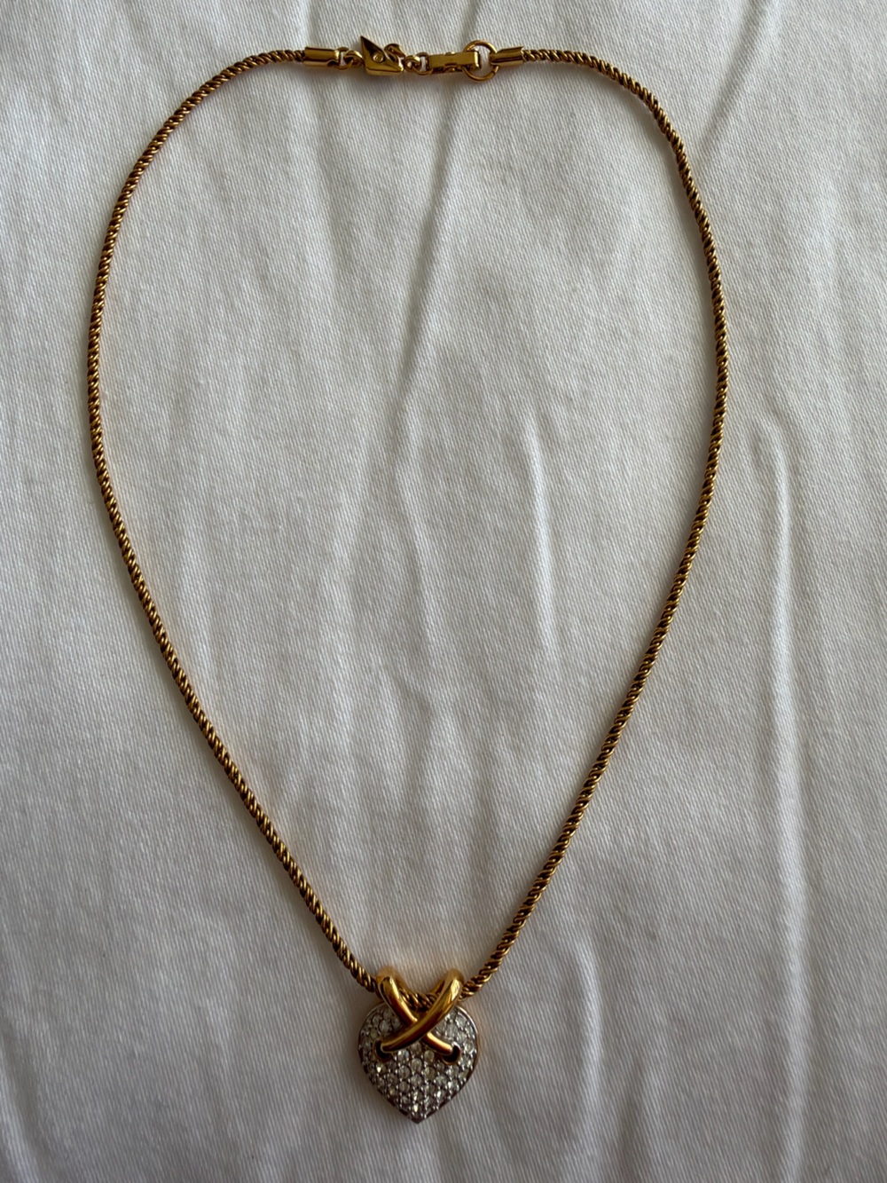 Vintage Swarovski pavé crystal heart necklace gold toned chain crisscross